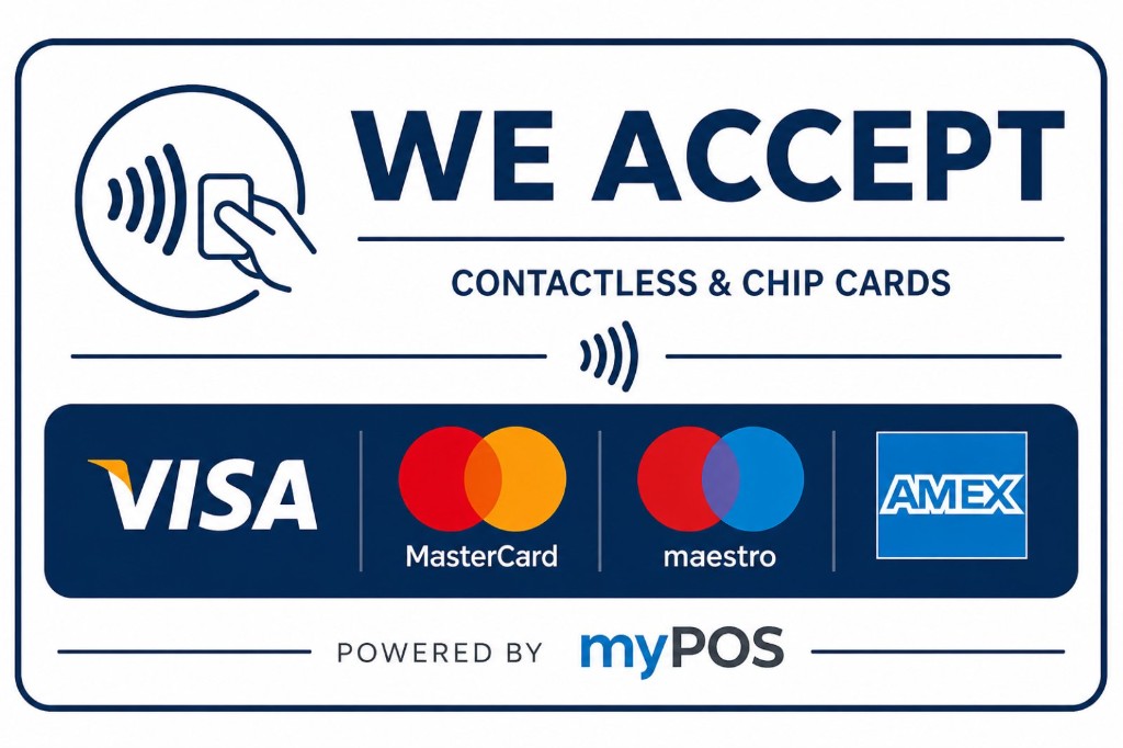 We accept contactless and chip cards - Visa, Mastercard, Maestro, American Express. Powered by myPOS.